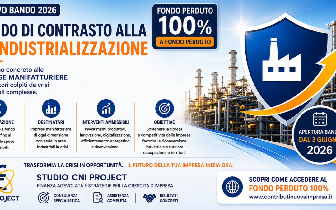 FONDO DI CONTRASTO ALLA DEINDUSTRIALIZZAZIONE 2026: fondo perduto del 100% alle imprese manifatturiere